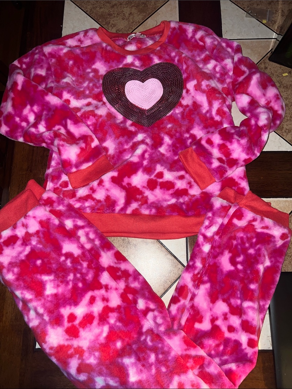 Nannette Pink and Red Tie-Dye Heart Plush Pajama Set